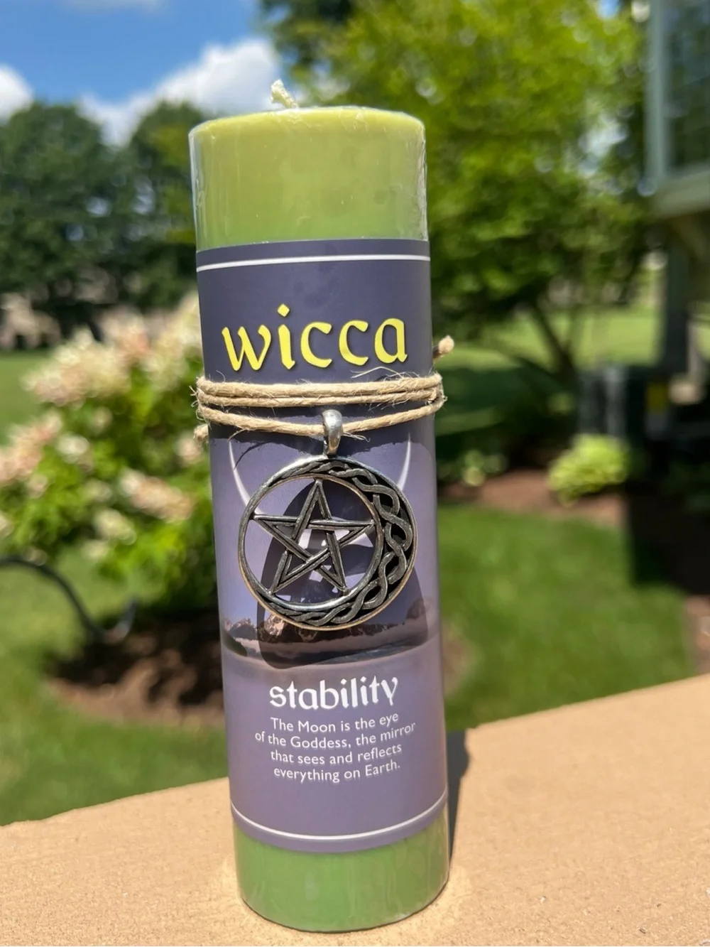 Wicca Stability Green Ritual Pillar Candle with Pentacle Charm